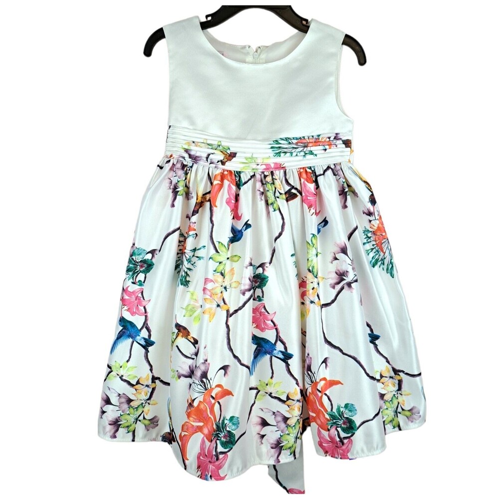 Katie M White Multicolor Girls Dress Size 4T Birds and Flowers White Bright Tie